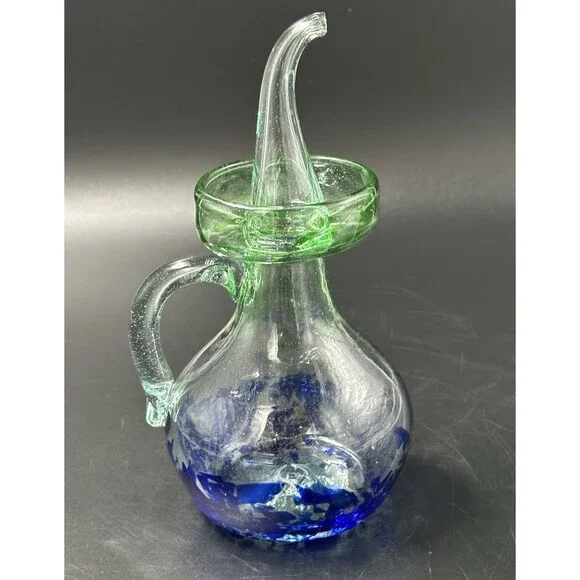 Lafiore Handblown Artistic Mallorca Green and Blue Glass Oil Bottle - Picture 3 of 9